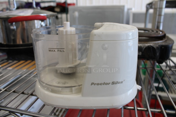 Proctor Silex White Countertop Food Processor w/ Bowl and S Blade. Missing Lid. 120 Volts, 1 Phase. 6.5x4x4.5. Tested and Does Not Power On