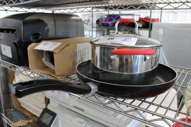 2 Metal Items; Sauce Pot w/ Lid and Skillet. 12x8.5x7, 19.5x12x2. 2 Times Your Bid!