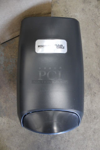 BRAND NEW IN BOX! Monogram Gray Poly Wall Mount Soap Dispenser. 6x4.5x10