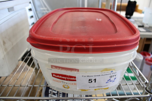 2 Rubbermaid Poly Clear Containers w/ 2 Red Poly Lids. 10.5x16x5. 2 Times Your Bid!