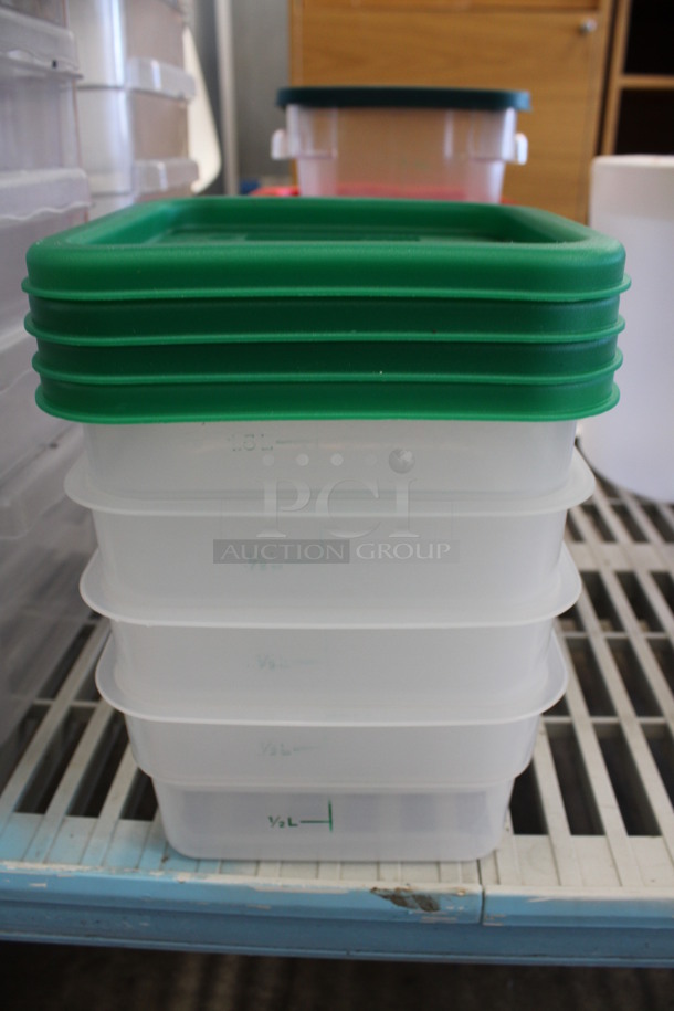 4 Poly Clear Containers w/ 4 Green Lids. 7.5x7.5x4. 4 Times Your Bid!
