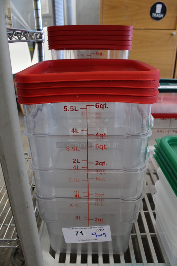 9 Clear Poly 6 Quart Containers w/ 9 Red Lids. 9x9x7.5. 9 Times Your Bid!