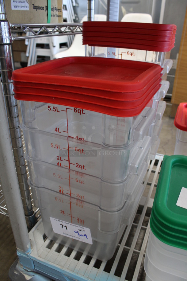 9 Clear Poly 6 Quart Containers w/ 9 Red Lids. 9x9x7.5. 9 Times Your Bid! - Image 2 of 3