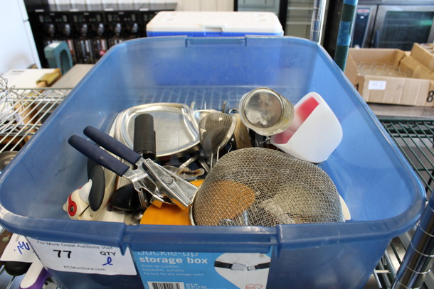 ALL ONE MONEY! Lot of Various Items Including Strainer and Can Openers in Blue Poly Bin!