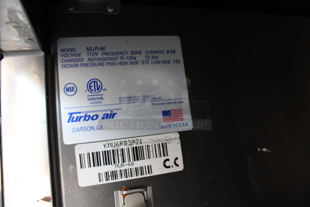Turbo Air Model MUR-60 Stainless Steel Commercial 2 Door Undercounter Cooler on Commercial Casters. 115 Volts, 1 Phase. 60.5x30x36. Tested and Working! - Image 7 of 7