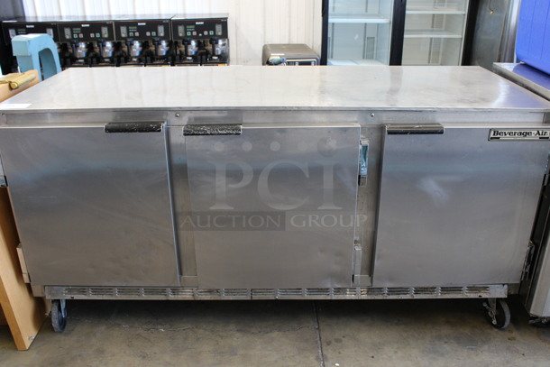 Beverage Air Model UCR72A Stainless Steel Commercial 3 Door Undercounter Cooler on Commercial Casters. 115 Volts, 1 Phase. 72x30x34.5. Tested and Working!