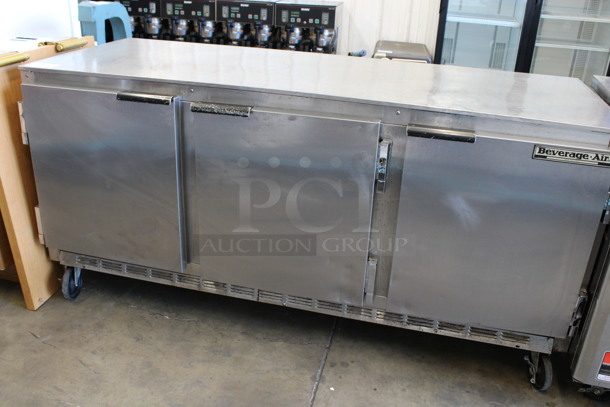 Beverage Air Model UCR72A Stainless Steel Commercial 3 Door Undercounter Cooler on Commercial Casters. 115 Volts, 1 Phase. 72x30x34.5. Tested and Working! - Image 3 of 7