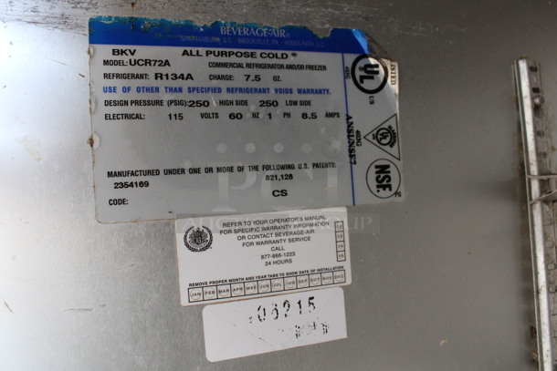 Beverage Air Model UCR72A Stainless Steel Commercial 3 Door Undercounter Cooler on Commercial Casters. 115 Volts, 1 Phase. 72x30x34.5. Tested and Working! - Image 7 of 7