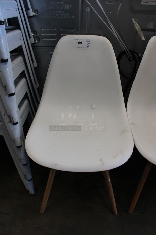 2 White Poly Dining Height Chairs on Wood Pattern Legs. 18x16x32. 2 Times Your Bid! - Image 3 of 4