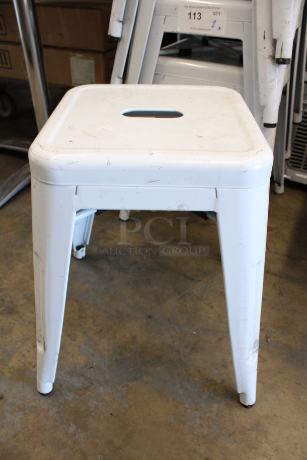 2 White Metal Tolix Stools. Stock Picture - Cosmetic Condition May Vary. 16x16x19. 2 Times Your Bid!