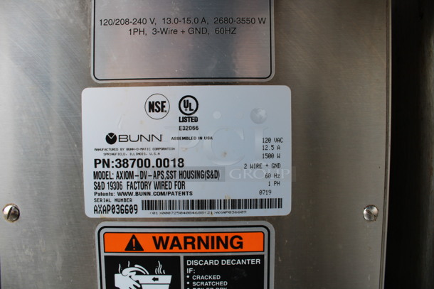 2019 Bunn Model AXIOM-DV-APS Stainless Steel Commercial Countertop Coffee Machine w/ Poly Brew Basket. 120 Volts, 1 Phase. 8x21x24 - Image 3 of 4