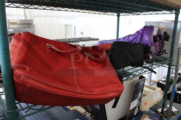 ALL ONE MONEY! Lot of 6 Various Items Including Purple Roller Bag, Black/Orange Backpack and 4 Various Purses!  - Image 1 of 7