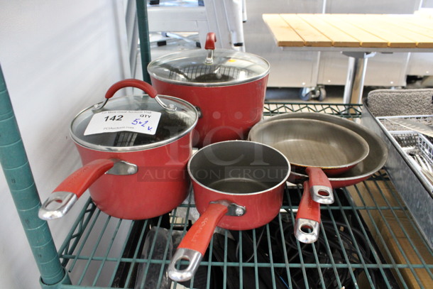 5 Various Metal Items; Stock Pot w/ Lid, 2 Sauce Pots w/ 1 Lid and 2 Skillets. Includes 18x10x2. 5 Times Your Bid!