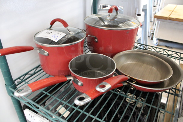 5 Various Metal Items; Stock Pot w/ Lid, 2 Sauce Pots w/ 1 Lid and 2 Skillets. Includes 18x10x2. 5 Times Your Bid! - Image 2 of 3
