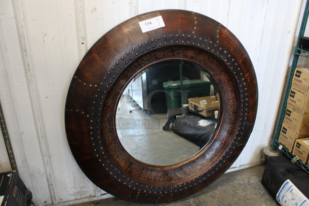 Brown Framed Round Mirror. 40x3x40