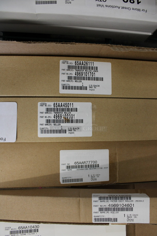ALL ONE MONEY! Lot of 6 Various Boxes Including 65AA26111 Transfer Roller Lower, 65AA45011 Transfer Roller, 65AAR77700 Separating Neutralizing Assy, 4969104601 Roller, 65AA10430 Ozone Filter and 65AAR71800 Dust Proof Filter.  - Image 2 of 3