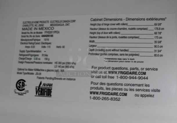 Frigidaire Model FFHS2611PFEA Chrome Finish Cooler Freezer Combo Unit. 115 Volts, 1 Phase. 36x34x68.5. Tested and Powers On But Does Not Get Cold - Image 12 of 12
