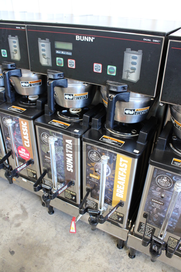 2012 Bunn Model DUAL SH DBC Stainless Steel Commercial Countertop Dual Coffee Machine w/ Hot Water Dispenser, 2 Stainless Steel Brew Baskets and 2 Bunn Model SH SERVER Satellite Servers. 120/208-240 Volts, 1 Phase. 18x24x36. Tested and Working! - Image 2 of 7