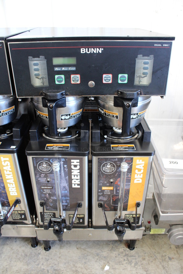 2011 Bunn Model DUAL SH DBC Stainless Steel Commercial Countertop Dual Coffee Machine w/ 2 Stainless Steel Brew Baskets and 2 Bunn Model SH SERVER Satellite Servers. 120/208-240 Volts, 1 Phase. 18x24x36. Tested and Working!