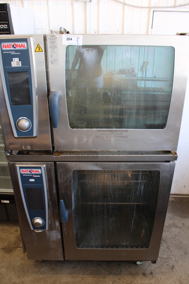 2 Rational Stainless Steel Commercial Combitherm Self Cooking Center Convection Ovens on Commercial Casters. Top Model: SCC WE 62. Bottom Model: SCC WE 102. 480 Volts, 3 Phase. 42x40x73. 2 Times Your Bid!