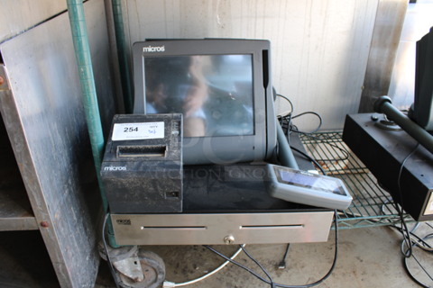 ALL ONE MONEY! Lot of Micros 15" POS Monitor, Epson Model M129C Receipt Printer, Micros Customer Screen and Metal Cash Drawer!