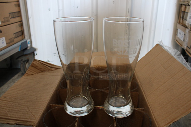 12 BRAND NEW IN BOX! Libbey 1623 23 oz Giant Beer Glasses. 2 Glasses Have Boston Sized Logo. 3.5x3.5x9. 12 Times Your Bid!