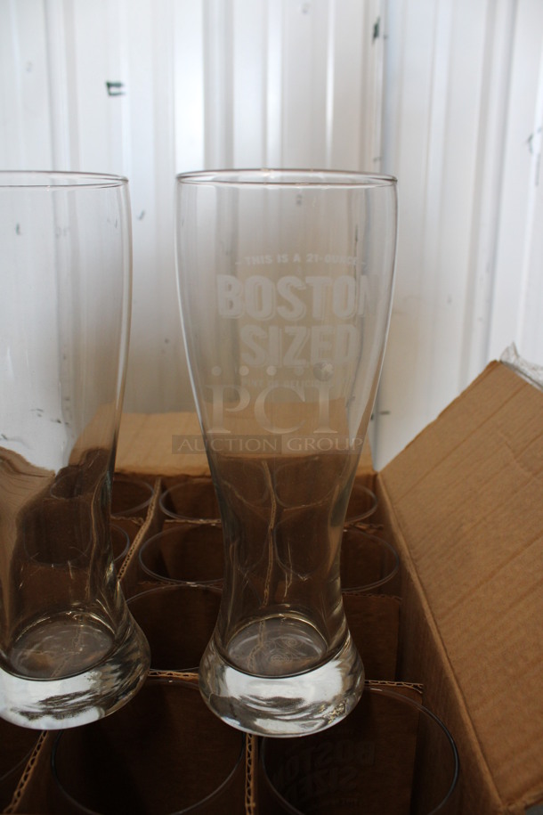 12 BRAND NEW IN BOX! Libbey 1623 23 oz Giant Beer Glasses. 2 Glasses Have Boston Sized Logo. 3.5x3.5x9. 12 Times Your Bid! - Image 2 of 4