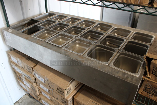 Stainless Steel Commercial Frame w/ 17 Stainless Steel 1/6 Size Drop In Bins and 1 Stainless Steel 1/4 Size Drop In Bin. 46.5x25x6