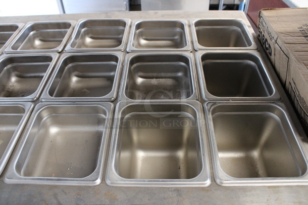 Stainless Steel Commercial Frame w/ 17 Stainless Steel 1/6 Size Drop In Bins and 1 Stainless Steel 1/4 Size Drop In Bin. 46.5x25x6 - Image 2 of 7