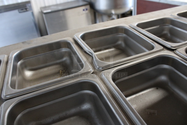 Stainless Steel Commercial Frame w/ 17 Stainless Steel 1/6 Size Drop In Bins and 1 Stainless Steel 1/4 Size Drop In Bin. 46.5x25x6 - Image 7 of 7