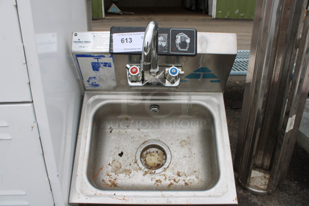 Advance Tabco Stainless Steel Commercial Single Bay Wall Mount Sink w/ Faucet and Handles. 17.5x15x20