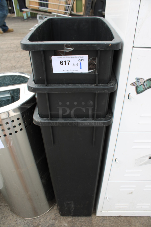 3 Black Poly Slim Jim Trash Cans w/ 3 Lids. 11x20x30. 3 Times Your Bid!