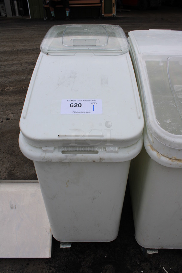 Baker's Mark White Poly Ingredient Bin w/ Lid on Commercial Casters. 12x29x29 - Image 1 of 3