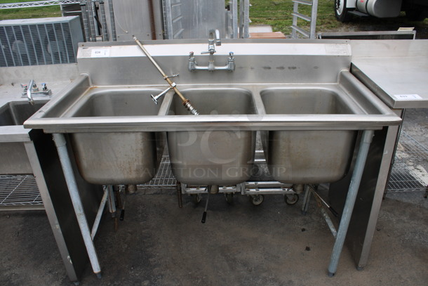 Eagle Stainless Steel Commercial 3 Bay Sink w/ Faucet, Handles and Spray Nozzle Attachment. 59x28x43. Bays 16x20x13