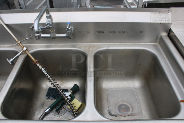 Eagle Stainless Steel Commercial 3 Bay Sink w/ Faucet, Handles and Spray Nozzle Attachment. 59x28x43. Bays 16x20x13 - Image 4 of 6