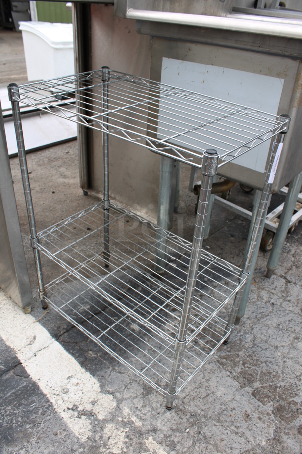 Chrome Finish 3 Tier Shelving Unit. BUYER MUST DISMANTLE. PCI CANNOT DISMANTLE FOR SHIPPING. PLEASE CONSIDER FREIGHT CHARGES. 23x13x30 - Image 2 of 3