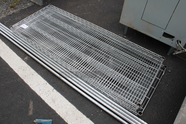 ALL ONE MONEY! Lot of 3 Chrome Finish Metro Style Shelves w/ 4 Poles! 60x24x1.5, 87" - Image 2 of 3
