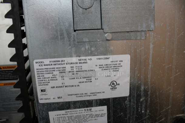 2012 Manitowoc Model IY1005W-261 Stainless Steel Commercial Water Cooled Ice Machine Head. 208-230 Volts, 1 Phase. 30x25x27 - Image 5 of 5