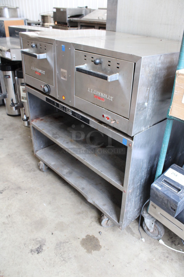 JJ Connolly Roll-a-grill Stainless Steel Commercial Countertop 2 Drawer Warming Drawer on Stainless Steel Equipment Stand w/ 2 Under Shelves and Commercial Casters. 35x26x38. Tested and Right Side Is Working But Left Side Does Not Work - Image 3 of 7