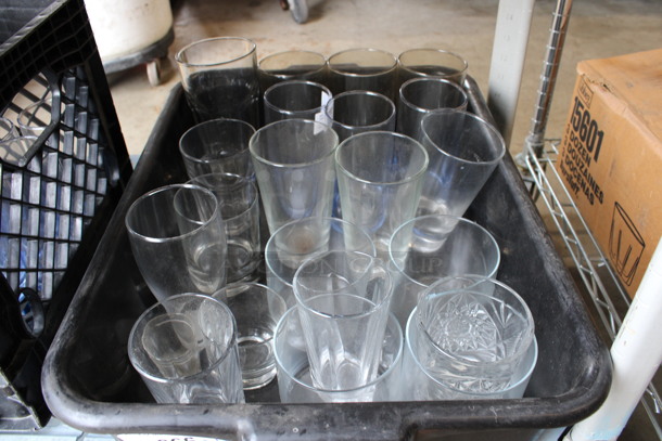ALL ONE MONEY! Lot of 21 Various Glasses in Black Poly Bus Bin! Includes 3.5x3.5x5.75