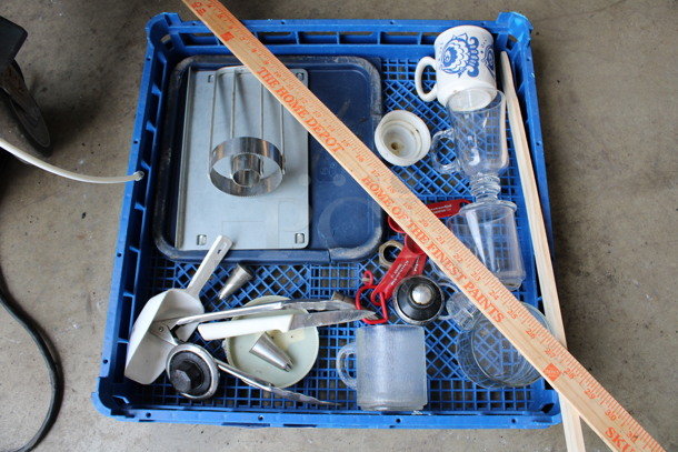 ALL ONE MONEY! Lot of Various Items Including Glass Mugs, Metal Pieces and Measuring Stick in Blue Dish Caddy!