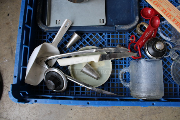 ALL ONE MONEY! Lot of Various Items Including Glass Mugs, Metal Pieces and Measuring Stick in Blue Dish Caddy! - Image 2 of 4