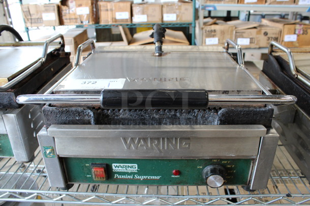 Waring Model WPG250 Stainless Steel Commercial Countertop Panini Press. 120 Volts, 1 Phase. 19x17x9. Tested and Working!
