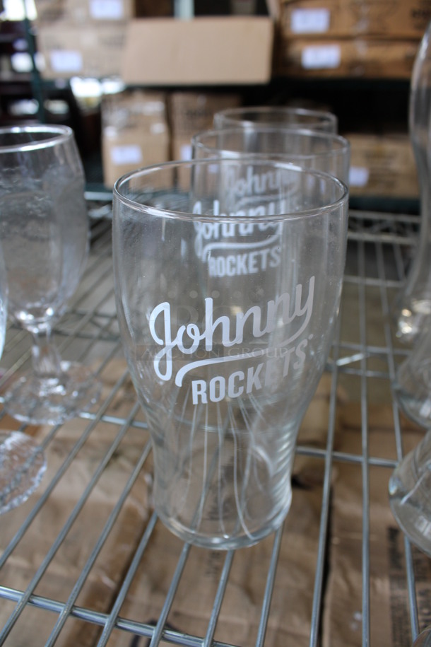4 Johnny Rockets Logo Beverage Glasses. 3.25x3.25x6. 4 Times Your Bid!