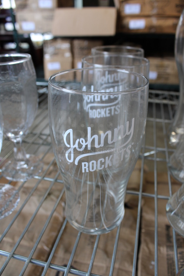 4 Johnny Rockets Logo Beverage Glasses. 3.25x3.25x6. 4 Times Your Bid! - Image 1 of 3