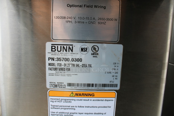 2012 Bunn Model ITCB-DV Stainless Steel Commercial Countertop Iced Tea Machine w/ Hot Water Dispenser, Server Satellite and Poly Brew Basket. 120 Volts, 1 Phase. 10x23x34 - Image 5 of 5