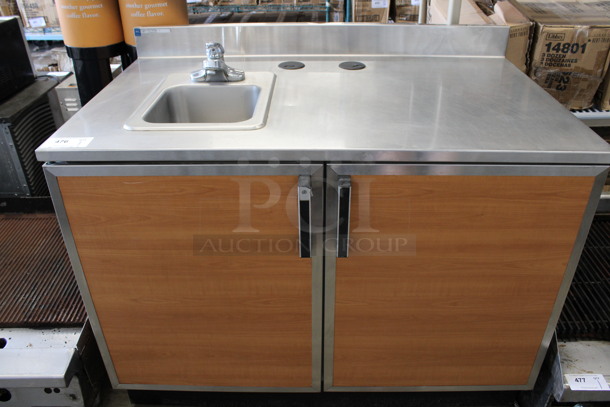 Duke Stainless Steel Commercial Counter w/ Sink Bay, Faucet, Handle and 2 Wood Pattern Doors. 48x30x40