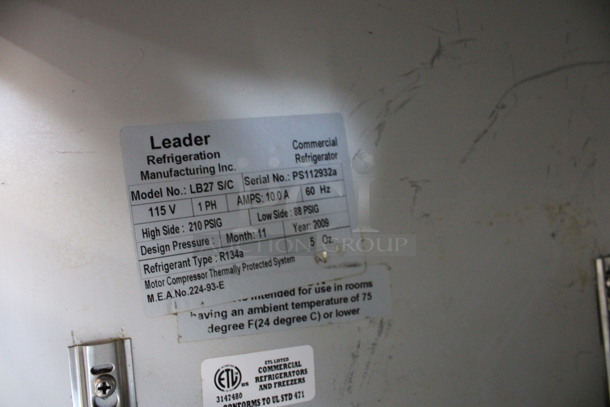 Leader Model LB27S/C Stainless Steel Commercial Single Door Undercounter Cooler on Commercial Casters. 115 Volts, 1 Phase. 27x32x35.5. Tested and Powers On But Does Not Get Cold - Image 5 of 5