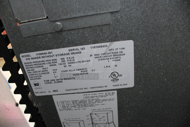 2011 Manitowoc Model IY0894N-261 Stainless Steel Commercial Ice Machine Head. Does Not Come w/ Remote Condenser. 208-230 Volts, 1 Phase. 30x25x27 - Image 4 of 4