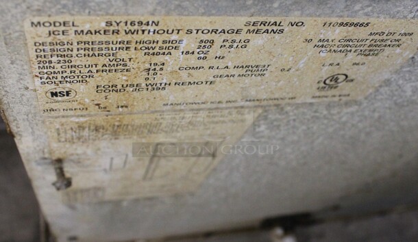 Manitowoc Model SY1694N Stainless Steel Commercial Ice Machine. Does Not Come w/ Remote Condenser. 208-230 Volts, 1 Phase. 48x25x30 - Image 4 of 4